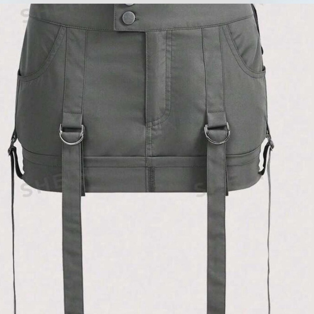 Grey Plus Buckled Detail Flap Pocket Skirt.